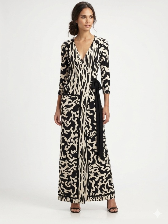 Diane Von Furstenberg Dresses & Skirts - Diane Von Furstenberg Silk Jersey Black and Cream Wrap-Style Maxi Dress